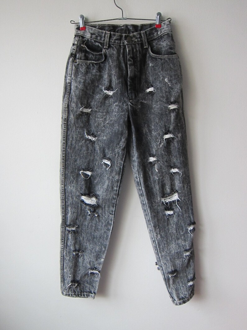 80s Black Acid Washed, Ripped & Frayed Distressed High-waisted Jeans ...