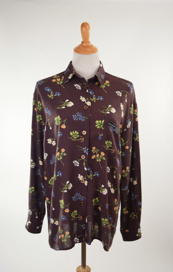 80s/90s Krizia Jeans Chocolate Brown Floral Butto… - image 1