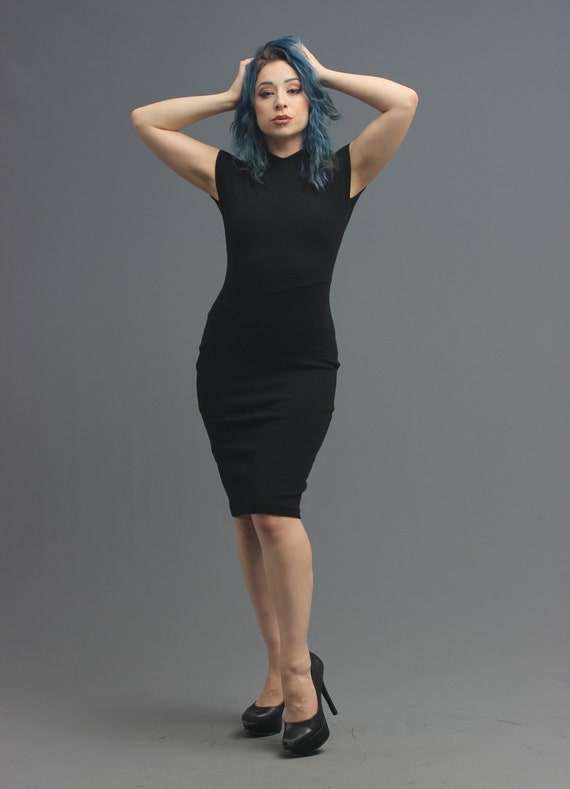 80s Claude Montana Black Wool Bodycon Dress w Sna… - image 1