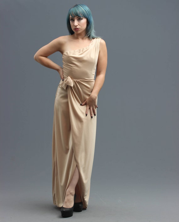 70s Champagne Polyester Draped Long Maxi Gown w As