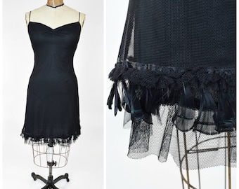 90s Betsey Johnson Black Net Mesh Dress w Feather Trim // Punk Rock Witchy E-Girl, Goth Grunge Bimbo Kinderwhore Style
