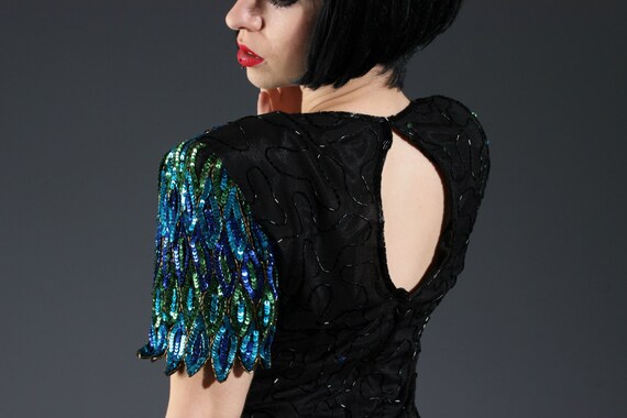 Buy 80s Beaded Sequin Cocktail Dress W Keyhole Back // Black, Green, Aqua  Blue // Peacock Glamour, Mermaid Chic, Dynasty Style // Sz S/XS Online in  India - Etsy