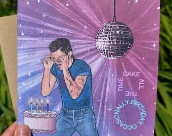 May include: A square greeting card featuring a person in a blue t-shirt and jeans standing before a birthday cake with four lit candles. Above, a disco ball hangs against a purple starburst background. Text reads: TIME. CAKE ALL THE OCCASIONALLY. BIRTHDAY.