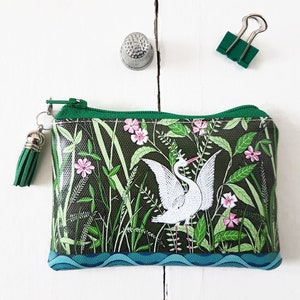Estampa de guindaste, estampa de pássaro, carteiras pequenas, carteira de vinil sem pvc, porta-cartão de visita, bolsa com zíper, presente ecológico, presente verde, carteira de cartão de crédito.
