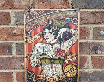 Tattooed Lady Wall Hanging | Alternative Gothic Wall Art | Handmade Faux Leather Decor | Vintage Circus Tattoo Art