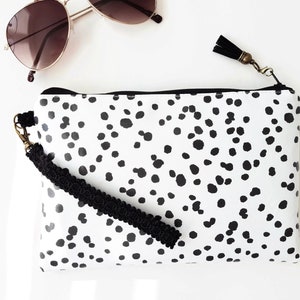 Dalmatian print vegan leather wristlet clutch,credit card pockets and phone seperator.Eco friendly wristlet travel bag,animal print.