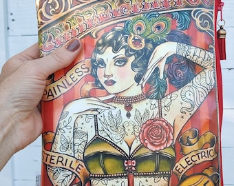 Retro style tattoo print handmade bag. Tattooed women large handprinted faux leather vegan bag. Vintage tattoo design handmade clutch.