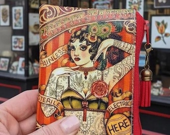 Small wallet with a vintage retro style tattoo design, Card wallet, small zipper pouch, small zipper wallet, small faux leather wallet.