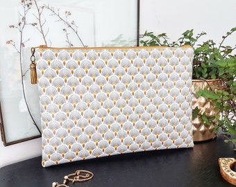 Art Deco Fan Print Vegan Leather Pouch: iPad Sleeve, Cosmetic Bag