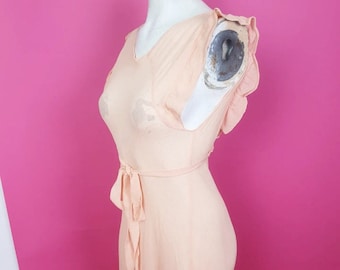 Romantic 1930s peachy crinkle textured Long bias cut slip with fab ruffles frills and tie details
