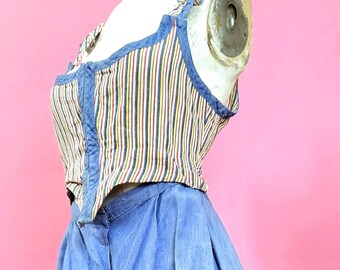 Antique 1930s 40s folk dress striped bodice blue skirt cotton I think adjustable see straps hook eye to boned bodice hand embroidered apron