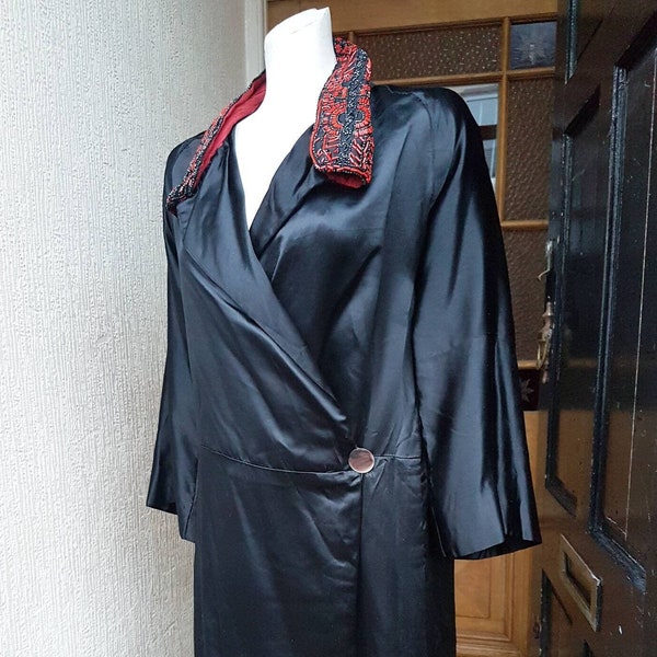 Sale stunning rare 1920s black silk jacket with fab red black beaded collar and lined in red silk fab asymmetric fastening and button detail