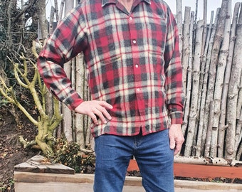 Verkauf tolles 1940er 50er Jahre rot creme grau Wolle Tartan Kariertes Hemd Arbeitskleidung