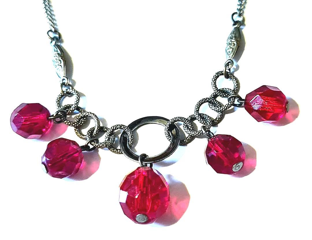 Original 1920s Antique Art Deco Red Faceted Glass Drop Necklace