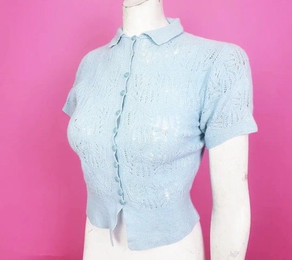 Stylish 1930s pale blue knitted collar top popper… - image 1