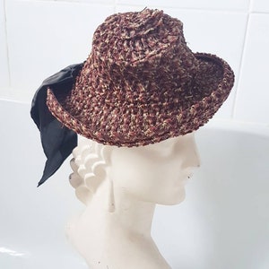 Sale Lovely jaunty late 1930s 40s brown orange cream woven hat in a synthetic plastic type material with big brown ribbon detail at back image 1