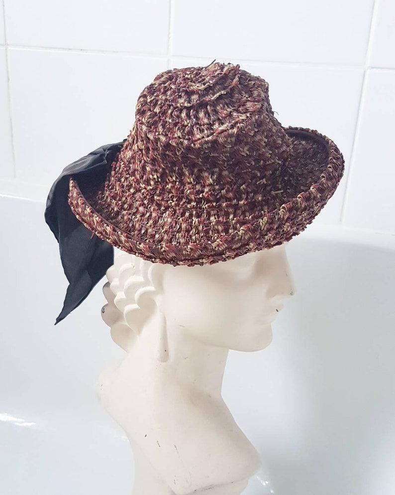 Sale Lovely jaunty late 1930s 40s brown orange cream woven hat in a synthetic plastic type material with big brown ribbon detail at back image 1