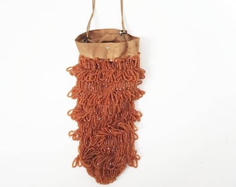 Sale gorgeous 1920s or earlier orangey glass beaded fringed bag would make a perfect gift