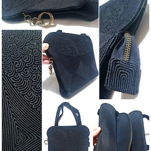 Könnte beinhalten: Eine schwarze Perlenhandtasche mit einer goldenen Kettenkette und einem Reißverschluss. Die Tasche hat ein einzigartiges gewebtes Muster und eine strukturierte Form.