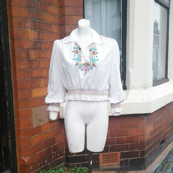 Sale Cute 1960s 70s hand embroidered white folk bo