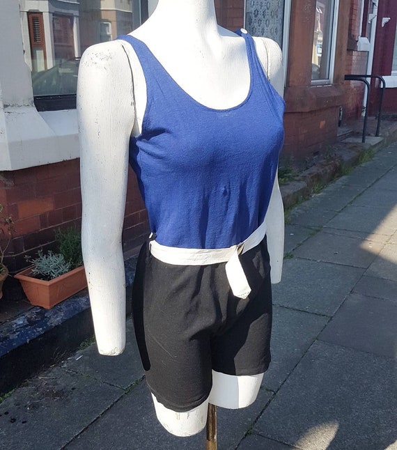 Stylish 1930s black and blue cotton swimsuit with