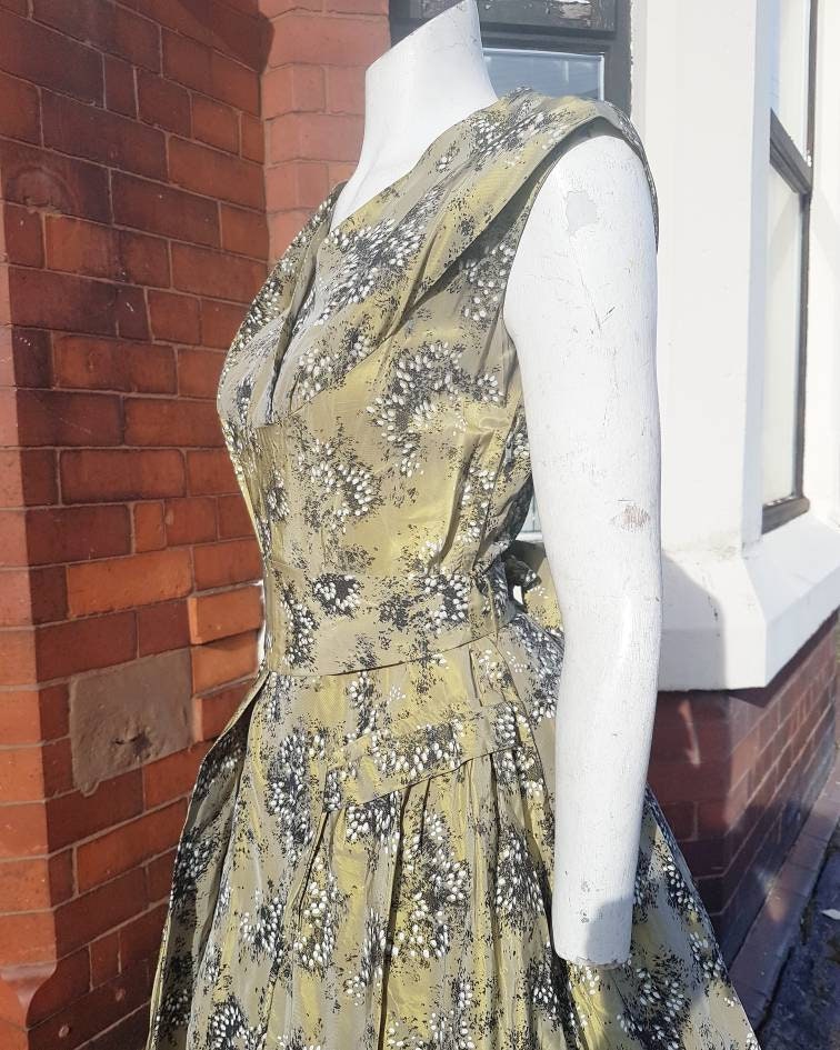 Image of Gorgeous S Shiny Olive Green Taffeta Party Dress With Abstract White & Black Pattern