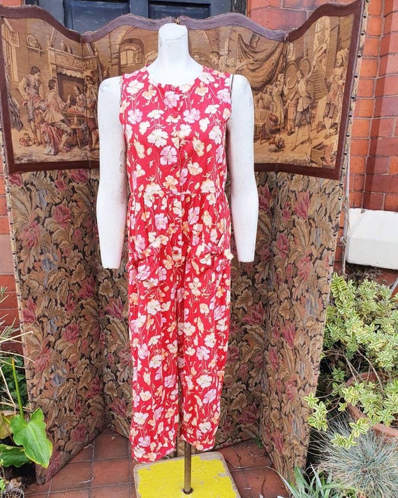 1980s Laura Ashley Cotton Printed Jumpsuit in Red Pale Pink Floral Print With Pockets and and Bows Etsy