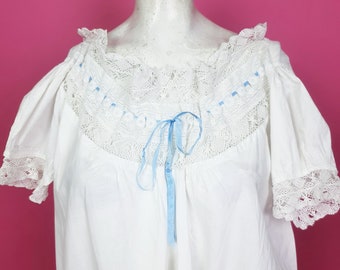 Romantic Edwardian white cotton night dress could be worn as a dress gorgeous lace details and blue ribbon so beautiful