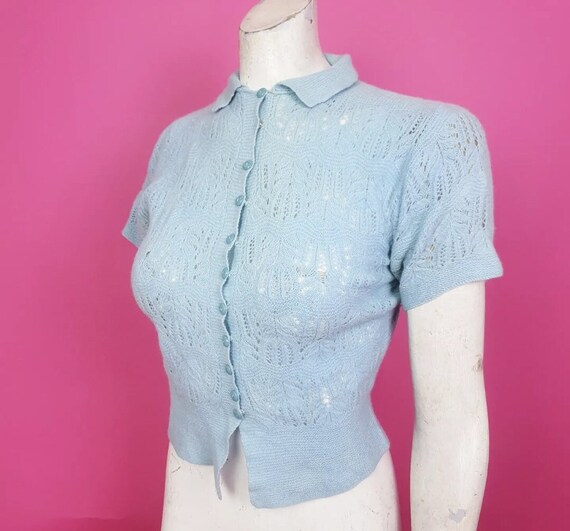 Stylish 1930s pale blue knitted collar top popper… - image 6