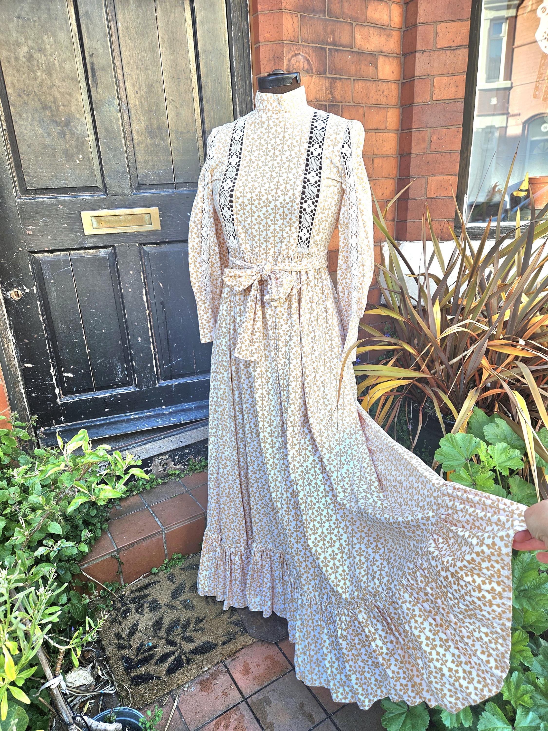 Romantic Late 1960s 70s Laura Ashley Patterned Dress With Lace