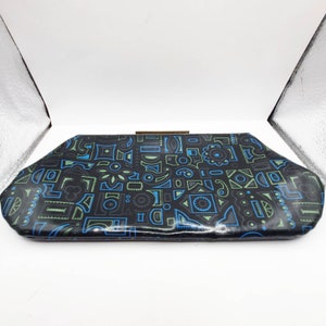 Fab 1960s Psychedelic clutch bag black plastic with green and blue pattern