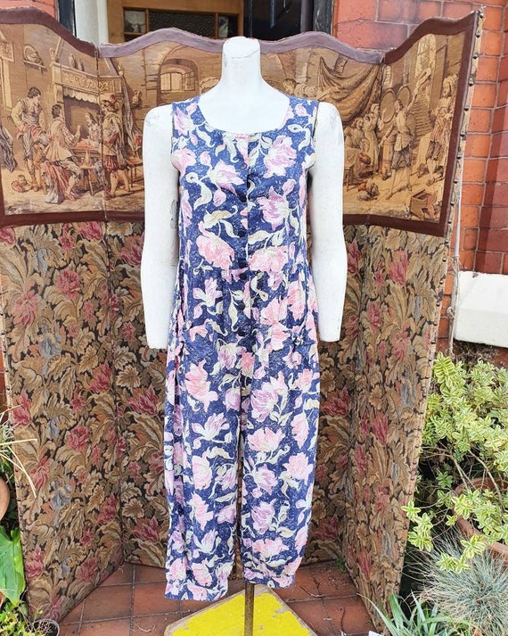 1980s Laura Ashley Jumpsuits With Navy Pink Lilac Pale Green Print