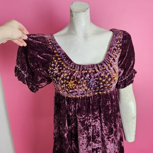 Op de afbeelding: Een pruimkleurige fluwelen jurk met korte mouwen en een vierkante halslijn. De bodice heeft geborduurde bloemmotieven in geel, paars en wit. De jurk wordt getoond op een mannequin tegen een roze achtergrond.
