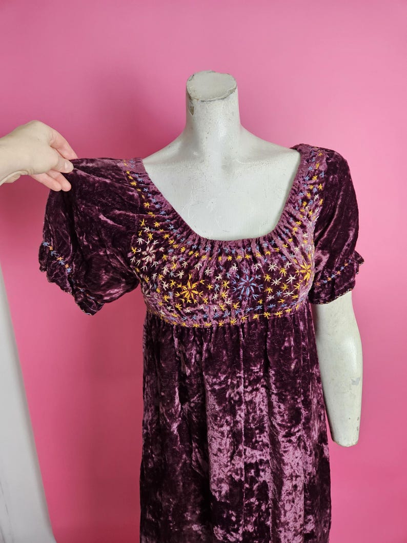 Op de afbeelding: Een pruimkleurige fluwelen jurk met korte mouwen en een vierkante halslijn. De bodice heeft geborduurde bloemmotieven in geel, paars en wit. De jurk wordt getoond op een mannequin tegen een roze achtergrond.