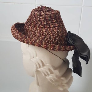 Sale Lovely jaunty late 1930s 40s brown orange cream woven hat in a synthetic plastic type material with big brown ribbon detail at back image 9