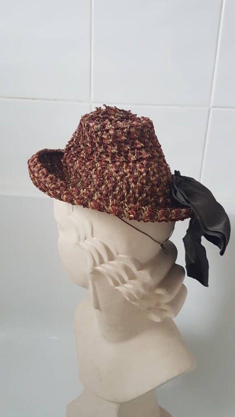 Sale Lovely jaunty late 1930s 40s brown orange cream woven hat in a synthetic plastic type material with big brown ribbon detail at back image 9