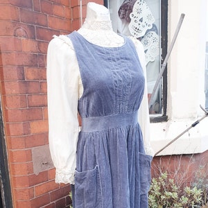 1970s Laura Ashley rare early to mid 70s dyers and printers made in Wales grey blue corduroy pinafore style dress cotton has pockets