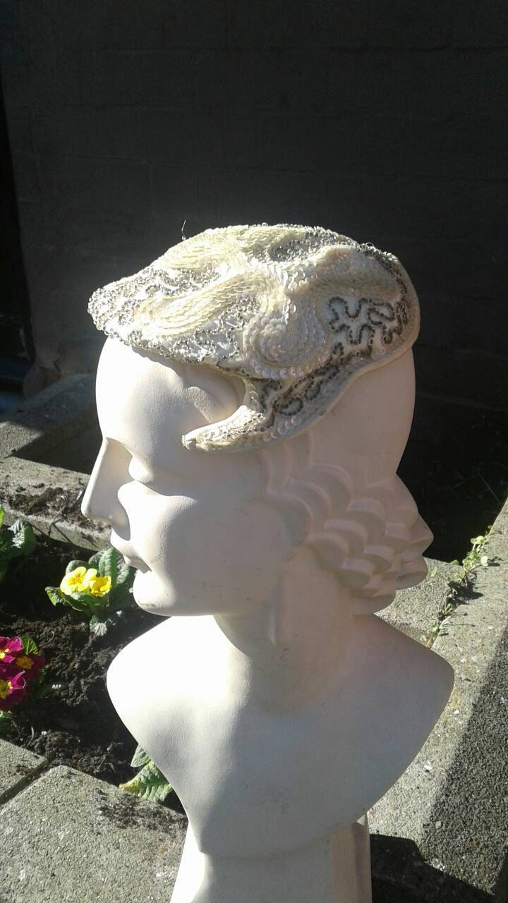 Sale Stunning Cream Sequin and Beaded 1950s Hat Ideal for a  display picture 1