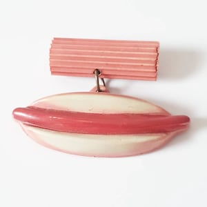 Kitsch 1940s rare American hotdog plastic brooch perfect gift for Christmas