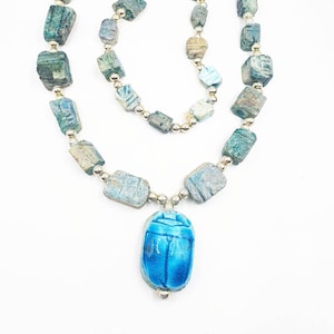 Fab 1960s 70s Egyptian revival turquoise scarab bottle beaded necklace perfect gift