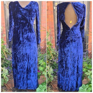 Original 1930s Blue Silk Velvet Full Length Evening Dress with Ruched Cuffs and Small Puffed Sleeves!