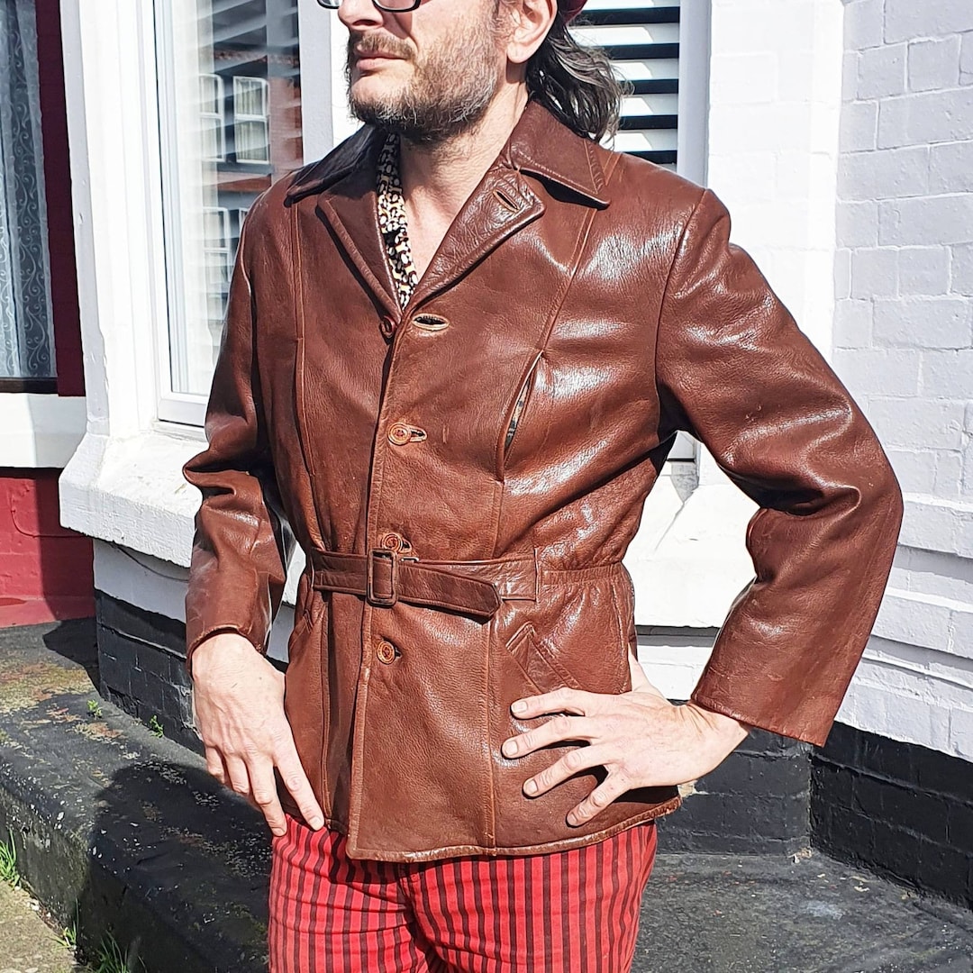 Stylish 1930s Brown Leather Jacket With Integrated Belt Lined in