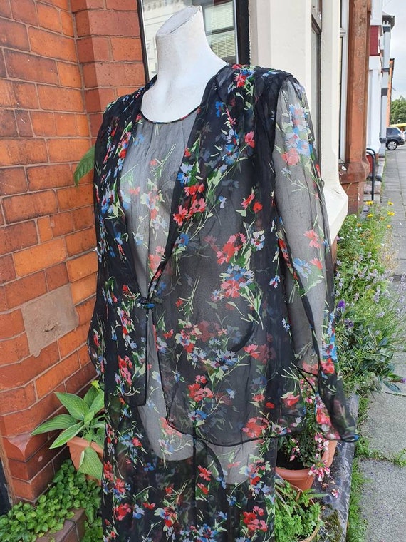 Sale breathtaking 1930s black floral printed silk… - image 1