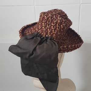 Sale Lovely jaunty late 1930s 40s brown orange cream woven hat in a synthetic plastic type material with big brown ribbon detail at back image 7