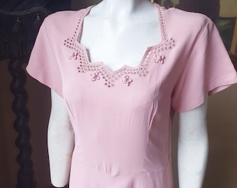 Beautiful 1940s pink long dress with lovely details near neckline wedding garden party event