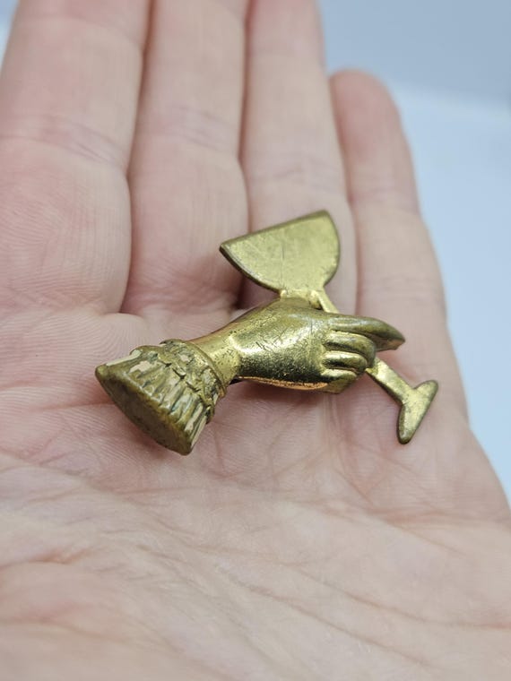 1930s 40s goldtone hand holding a glass metal brooch red nails kitsch rare perfect Christmas gift present View 3