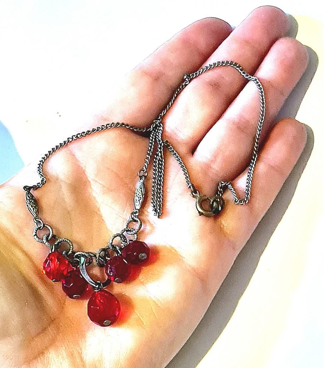 Original 1920s Antique Art Deco Red Faceted Glass Drop Necklace