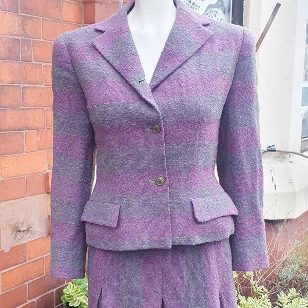 Fabulous late 1940s 40s Hebe striped wool purple green blue lilac and suit so stylish perfect for Winter fab tailoring and colours