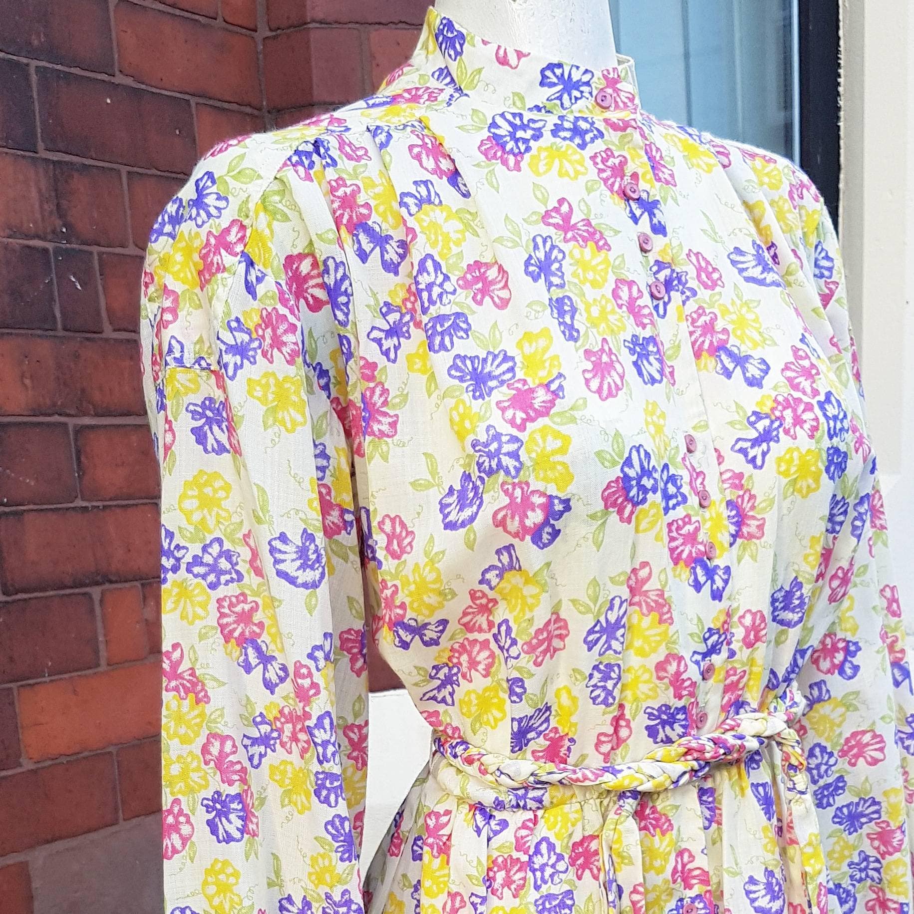 Image of Beautiful Boho Pink Purple Yellow Patterned Later S Designer Annie Hough For Gemini Day Dress Made From % Fine Wool