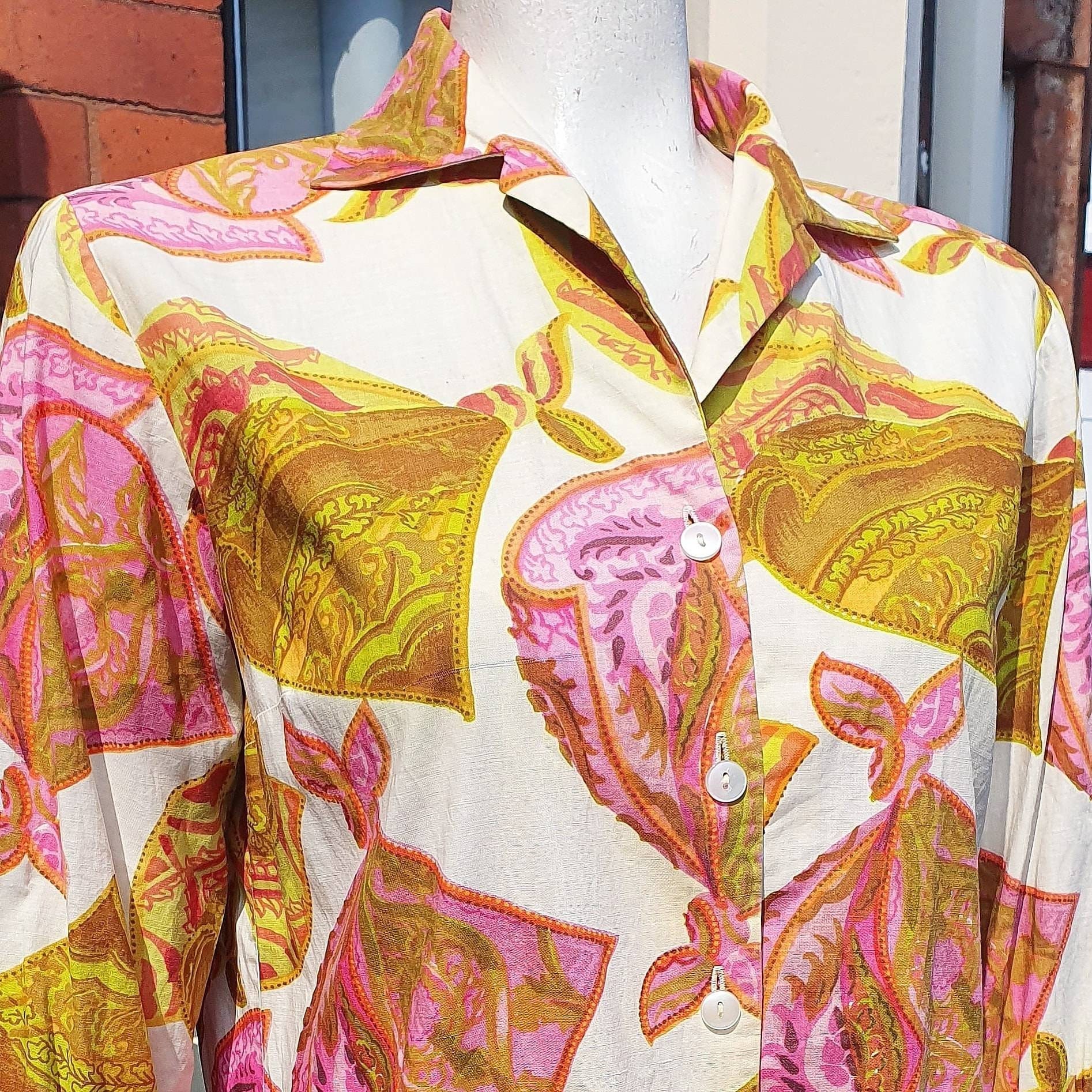 Image of Colourful Later S Novelty Print Cotton Shirt With Fab Pink Green Brown & Cream Pattern Of Scarves Perfect For Summer So Chic